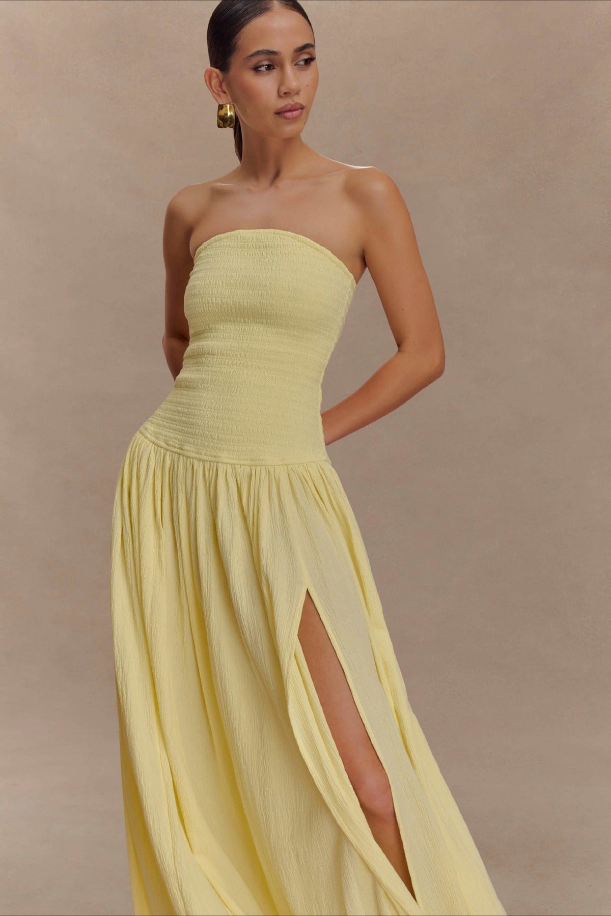Strapless Ruched High Split Flowy Maxi Prom Dress - View 10