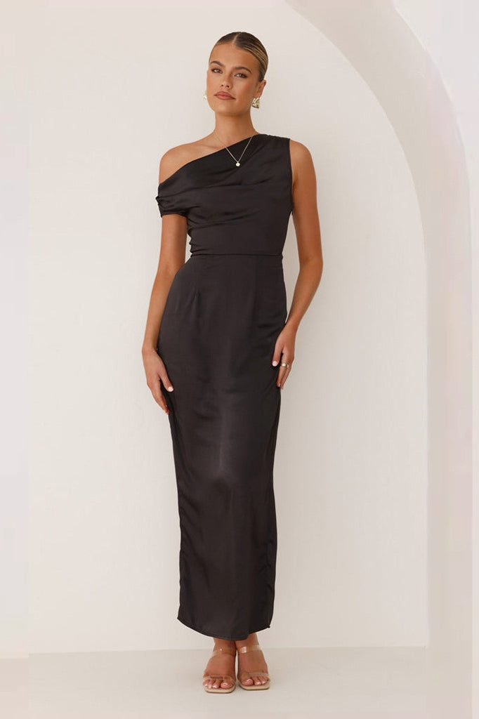 Satin One Shoulder Draped Column Maxi Dress - View 3