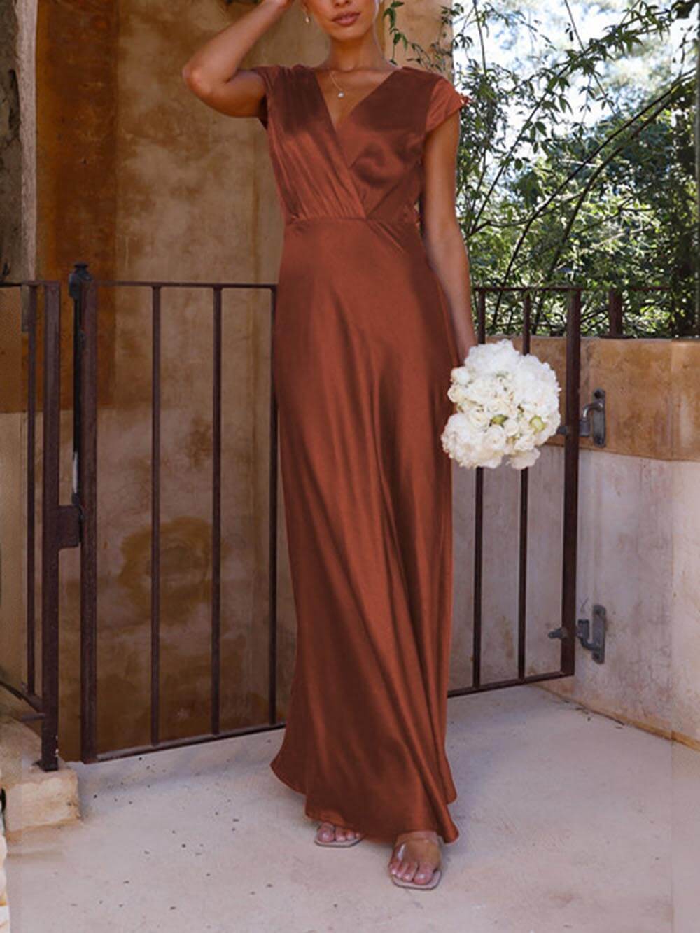 Satin Wrap V-Neck Cap Sleeve Mermaid Maxi Party Dress - View 13