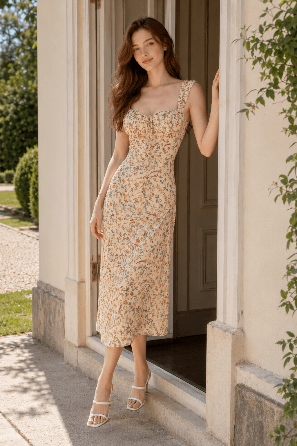 Ditsy Floral Sweetheart Tie Front Bodycon Midi Dress 2