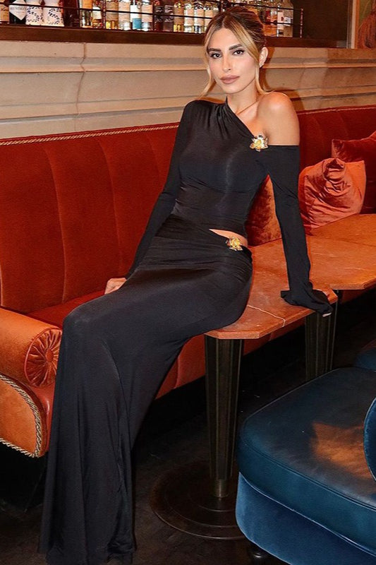 One Shoulder Metal Detail Flared Sleeve Top High Waist