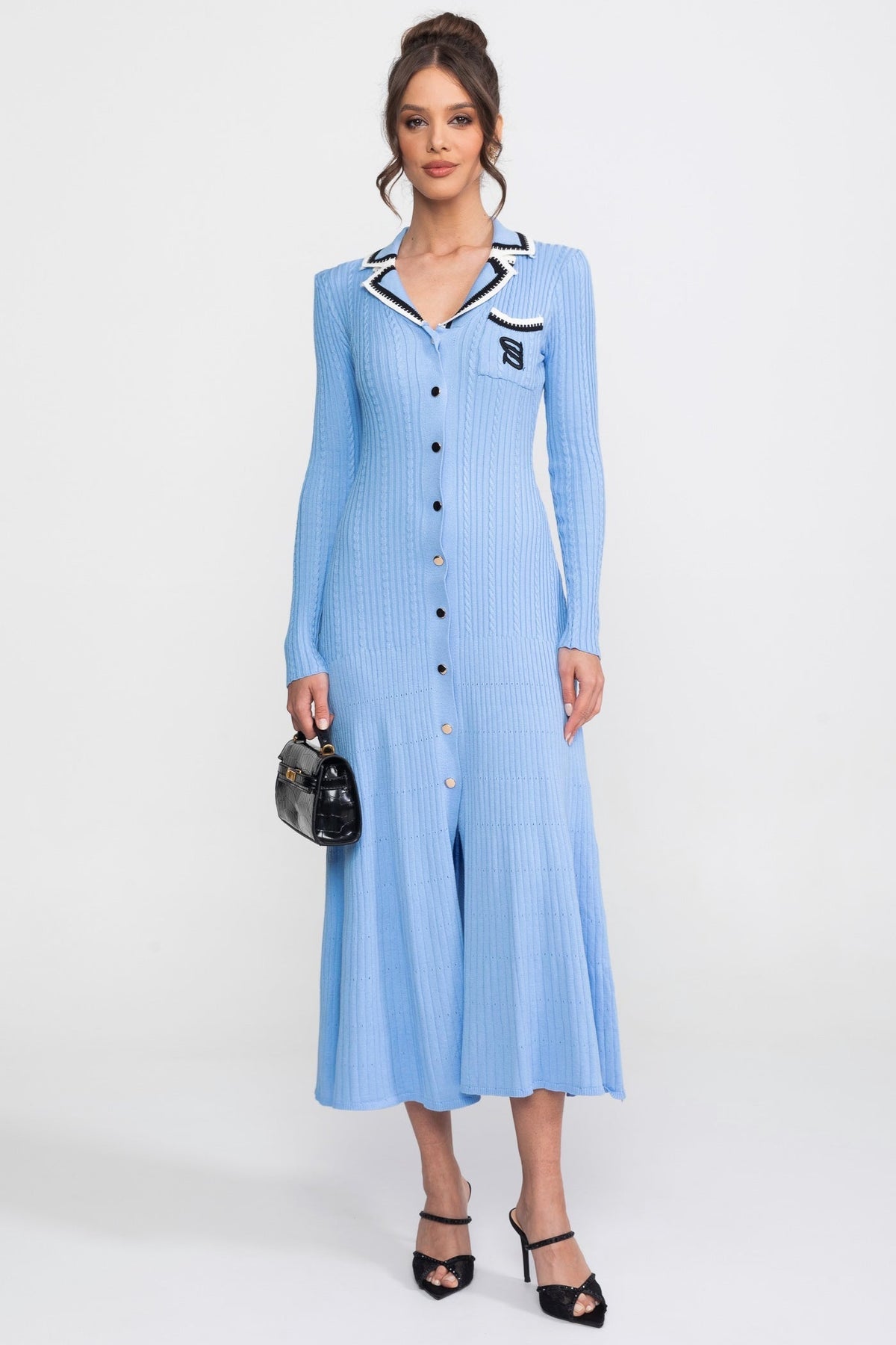 Long Sleeve Knit Midi Dress With Polo Collar And Monogram Patch - Blue - View 2