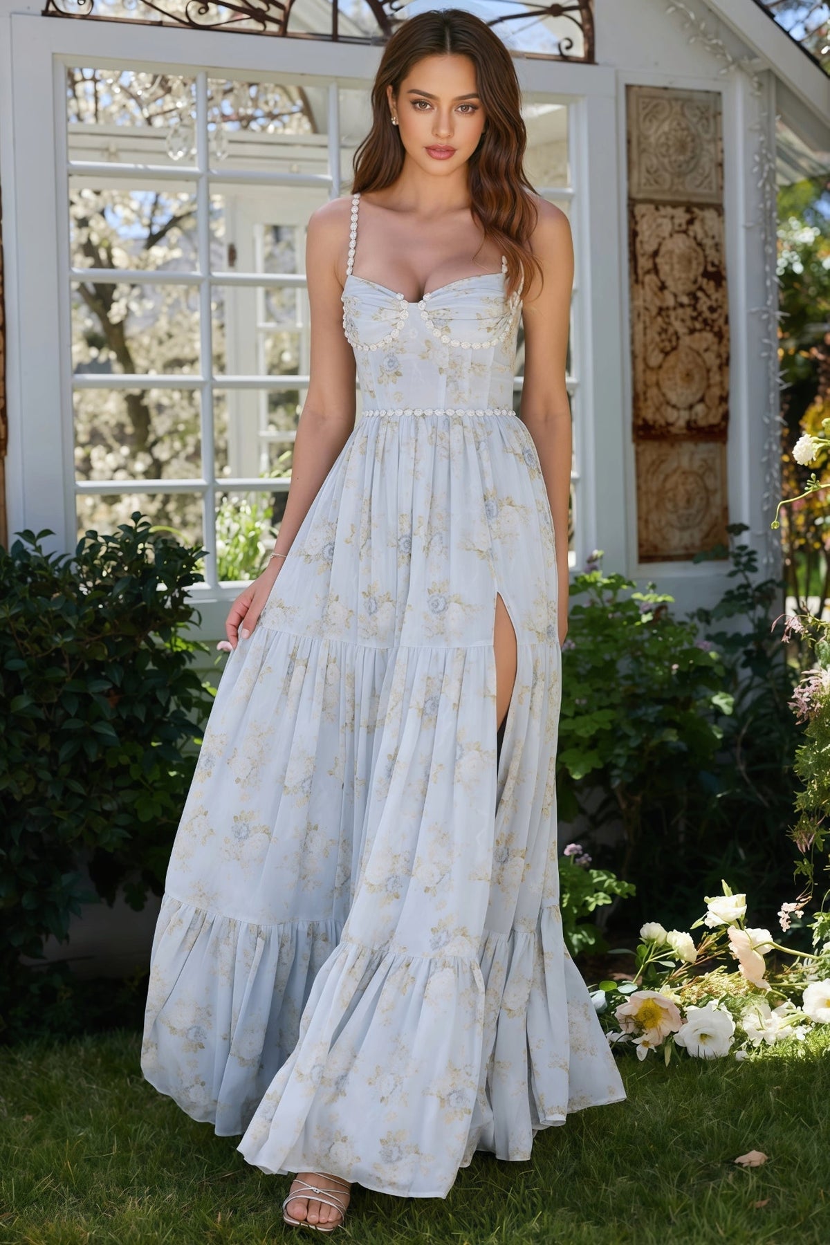 Floral Sweetheart Pearl Trim Corset High Split Maxi Dress - View 3