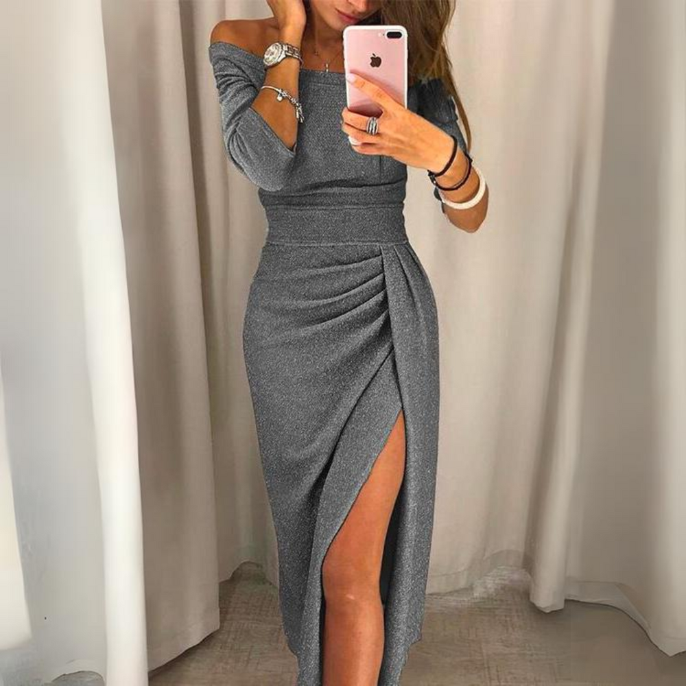 Glitter Off Shoulder 3/4 Sleeve Ruched Bodycon Midi Party Dress - View 4
