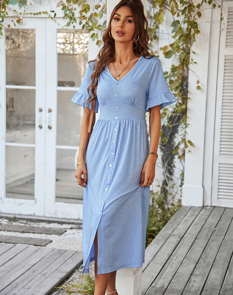 V-Neck Ruffle Sleeve Button Front A-Line Midi Dress 4