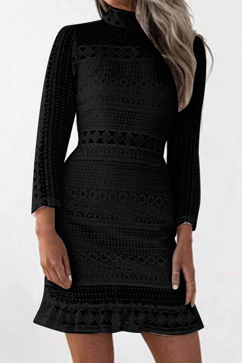 Mock Neck Long Sleeve Crochet Lace Ruffle Hem Bodycon Dress 4