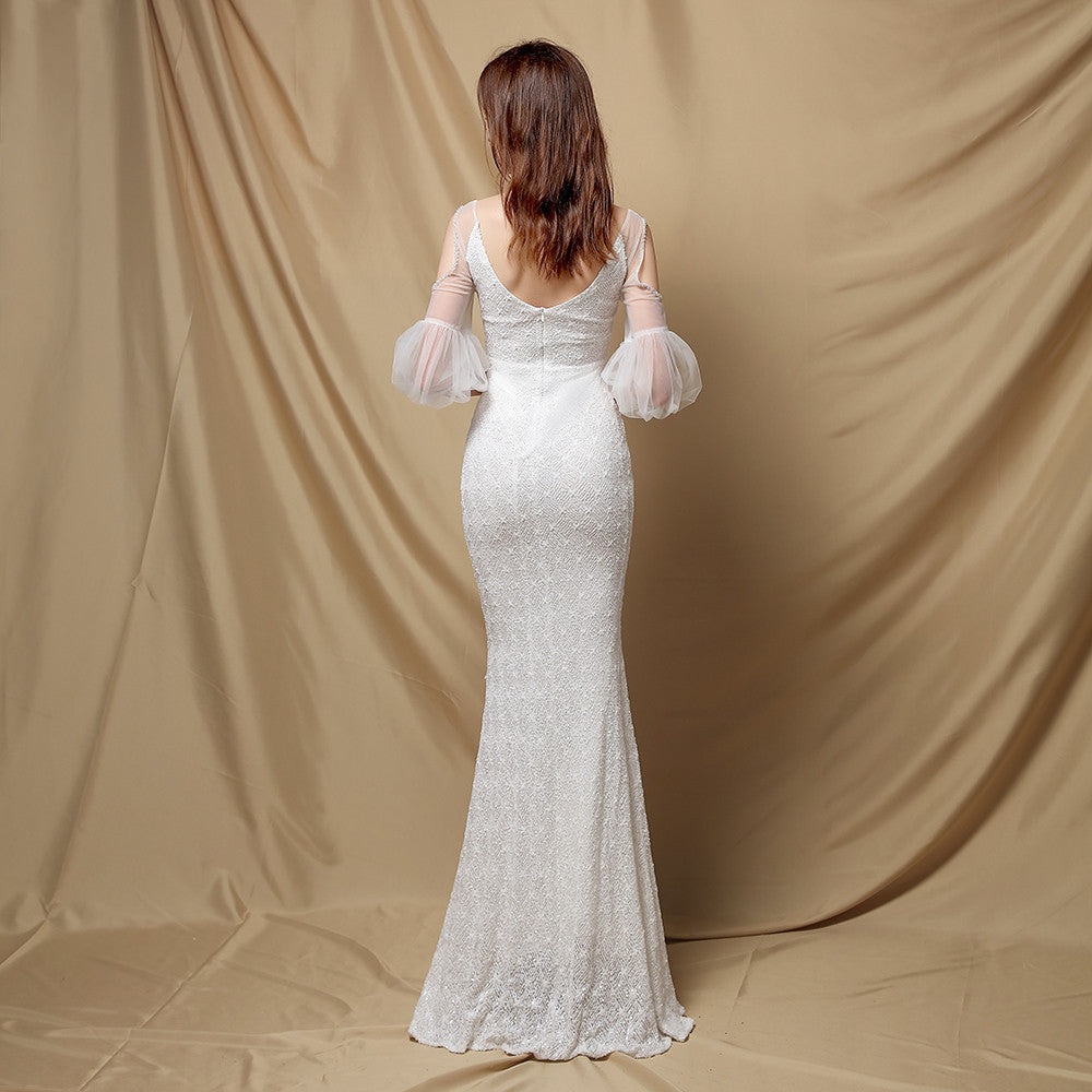 Sequin V-Neck Sheer Puff Sleeve Mermaid Maxi Gown 5