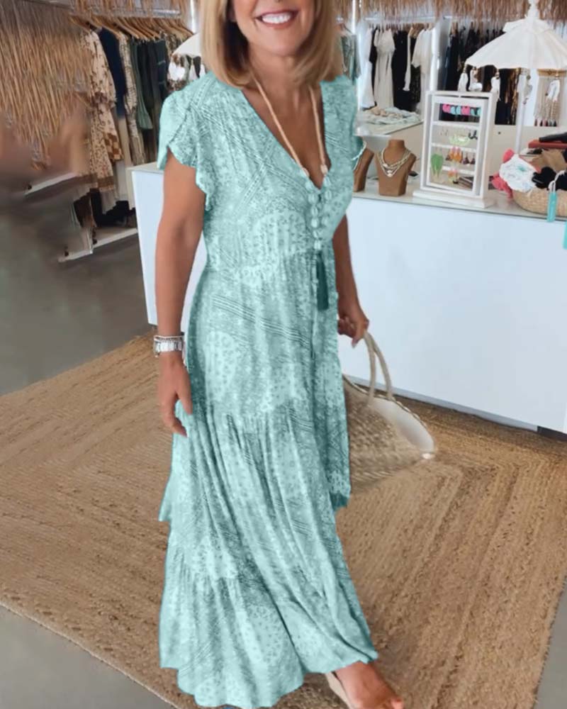 V-Neck Flutter Sleeve Buttoned Tiered Boho Maxi Dress - View 12