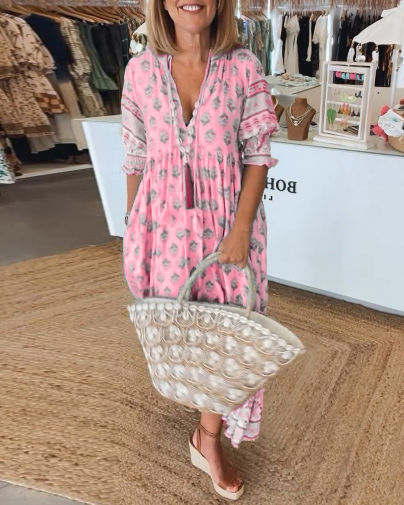 Printed V-Neck Ruffle Short Sleeve Tiered Maxi Dress 10