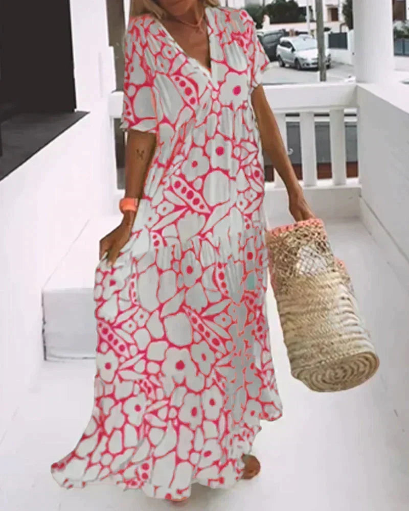 Abstract Floral Print V-Neck Flutter Sleeve Tiered Maxi Dress 7