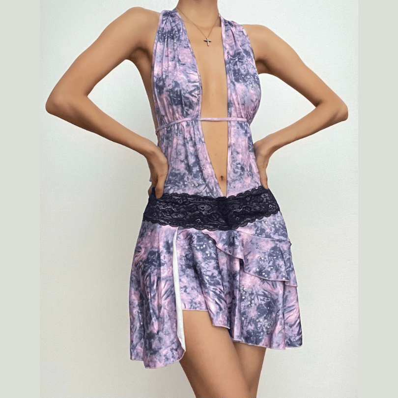 Tie Dye Halter Neck Lace Trim Ruffle Mini Dress