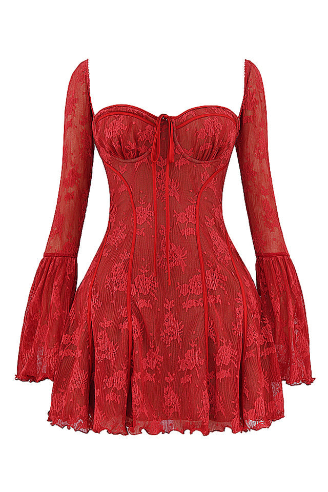 Floral Lace Bell Sleeve Corset Fit and Flare Mini Dress - View 17