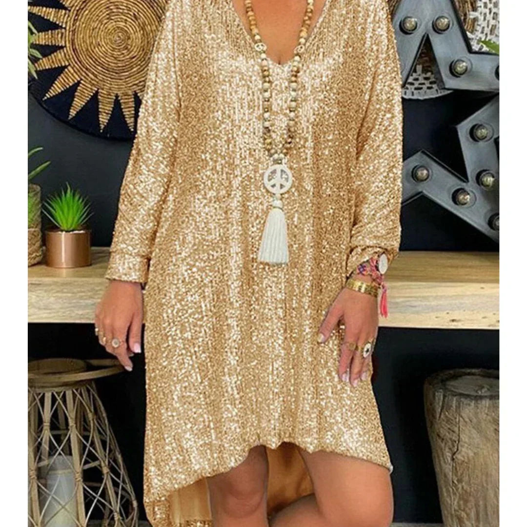 Sequin V-Neck Long Sleeve Shift Mini Dress - View 2