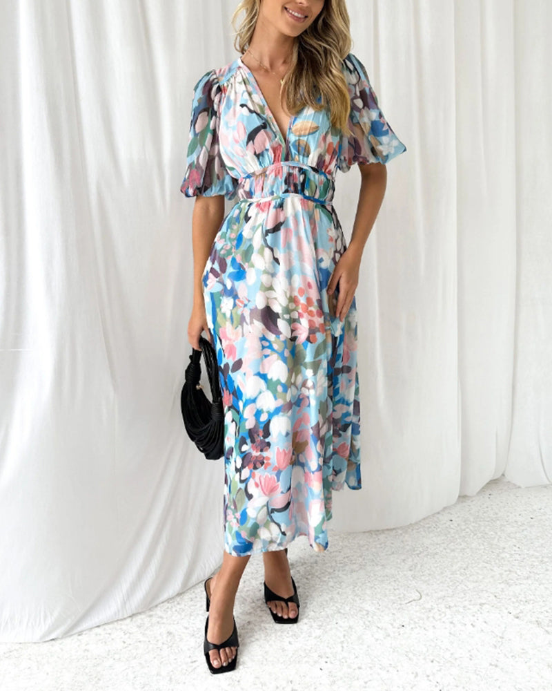 Floral Chiffon V-Neck Long Sleeve Ruched Waist Maxi Dress 8