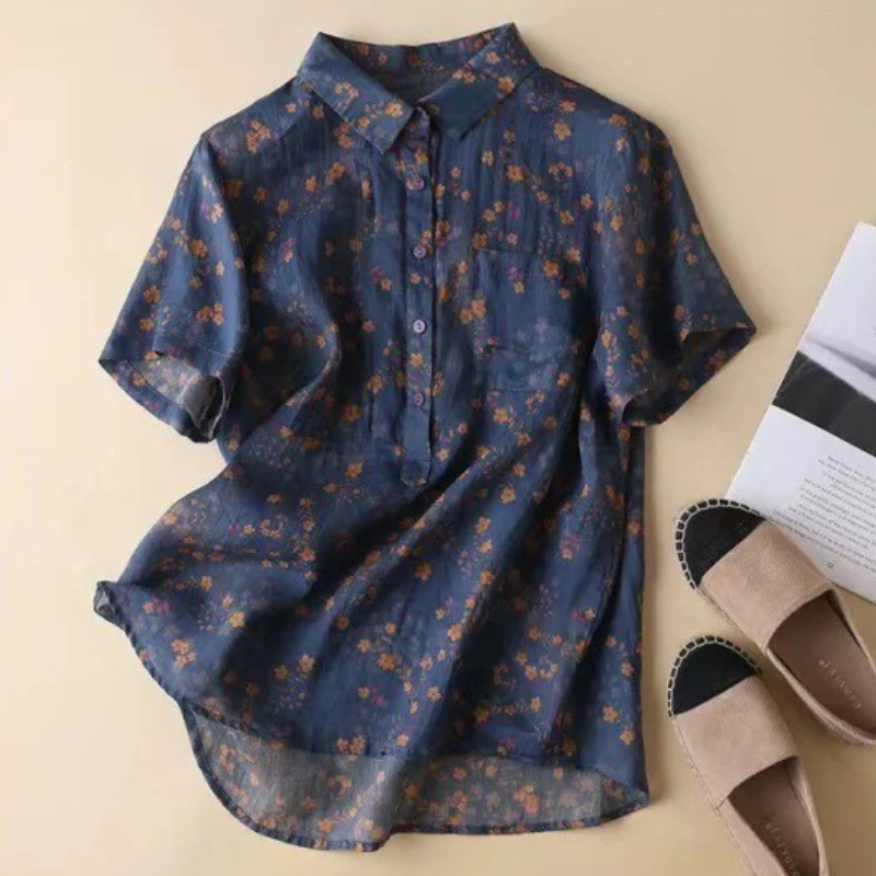 Floral Collared Short Sleeve Half Placket Blouse 2