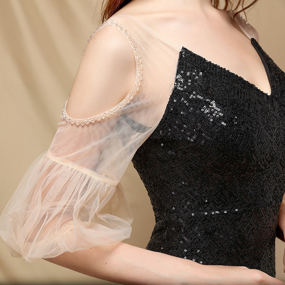 Sequin V-Neck Sheer Puff Sleeve Mermaid Maxi Gown 10