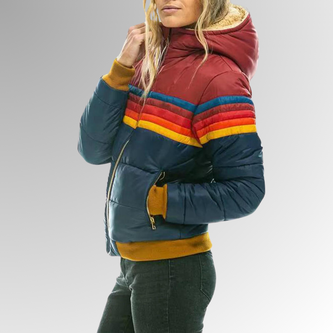 Hooded Zip Front Striped Panel Puffer Jacket 8