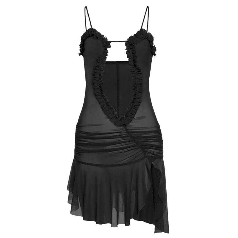 Ruched ruffle slit sheer mesh hollow out cami mini dress - View 2