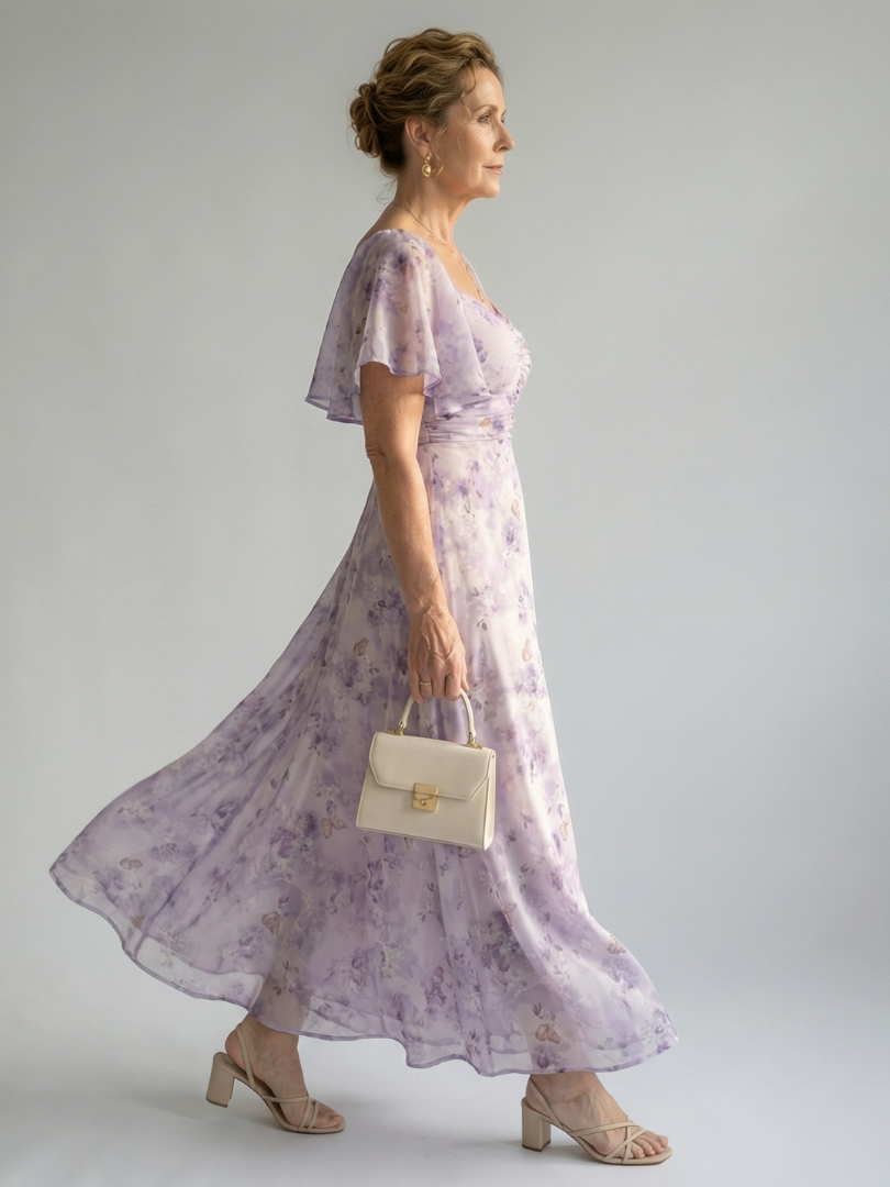 Floral Flutter Sleeve Ruched Bodice Maxi Dress 2