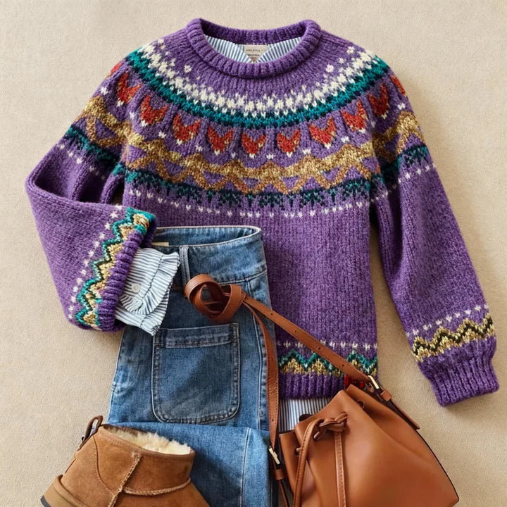Crew Neck Long Sleeve Fair Isle Knit Sweater