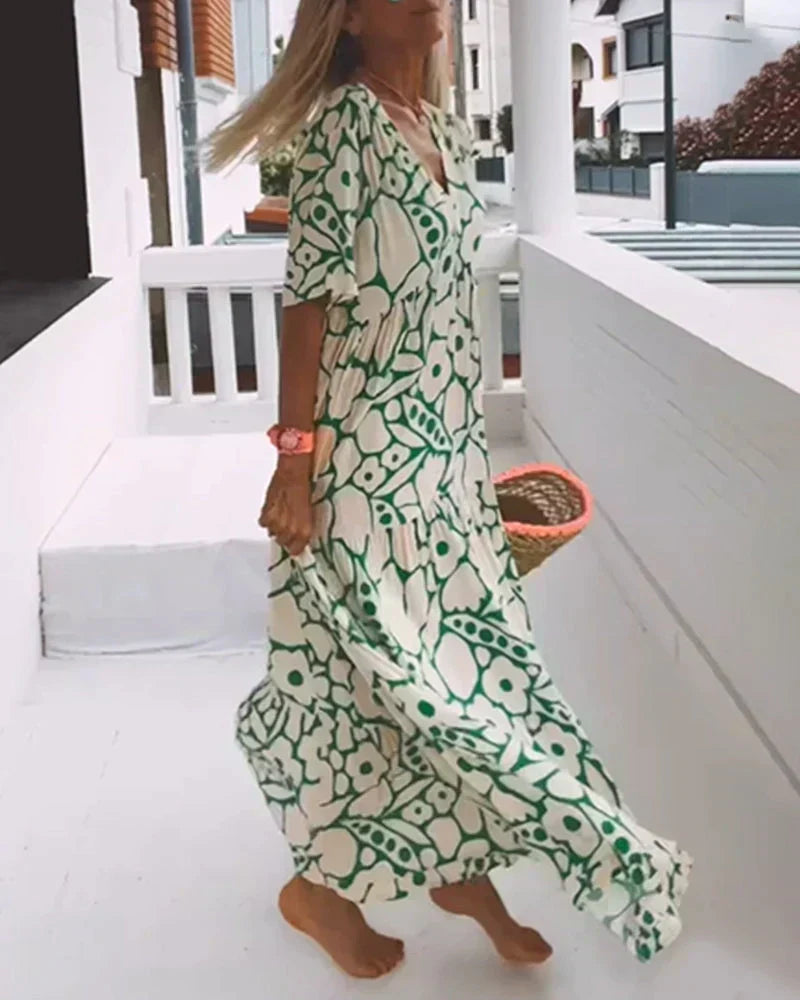 Abstract Floral Print V-Neck Flutter Sleeve Tiered Maxi Dress 3