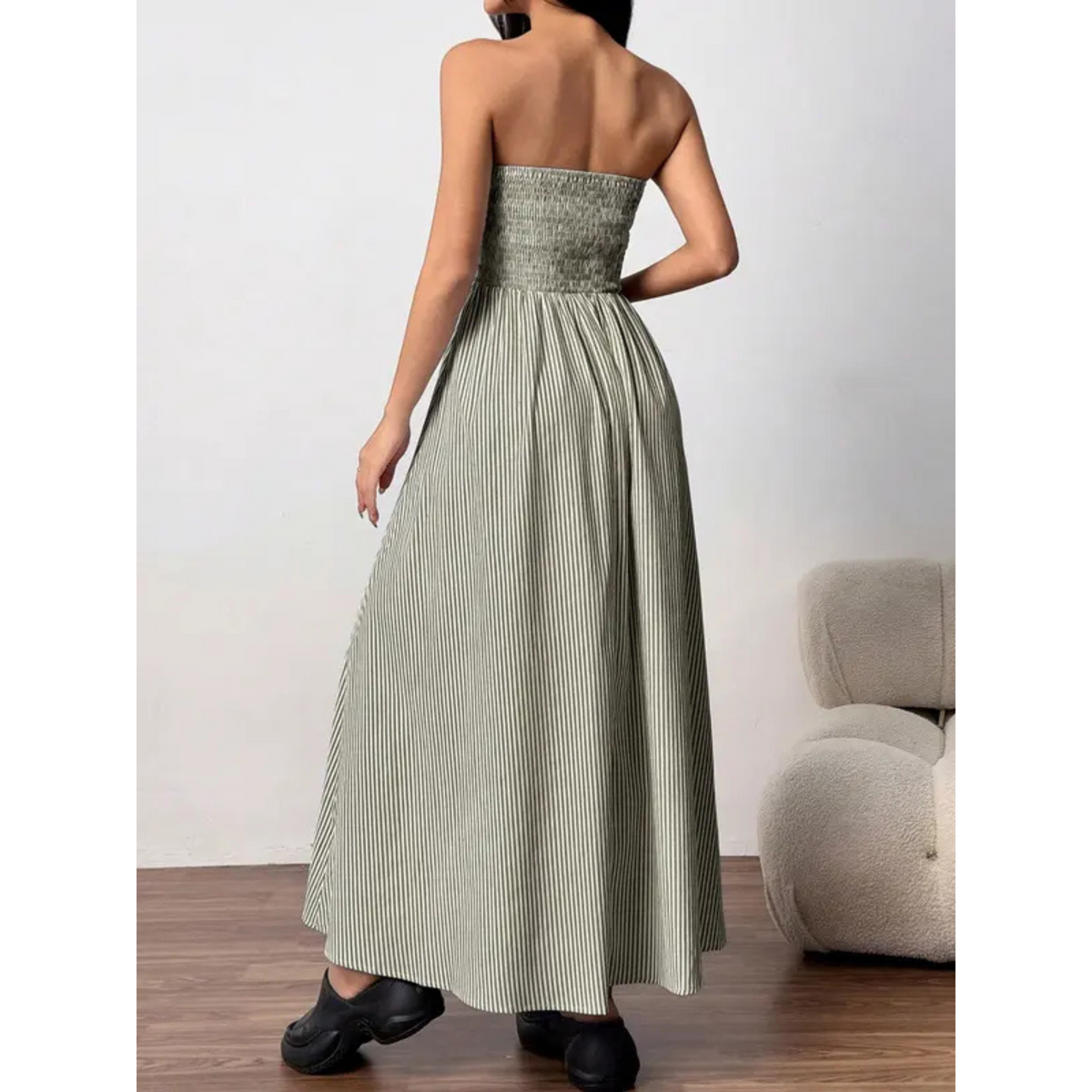Strapless Smocked Bodice Striped Tube Maxi Dress