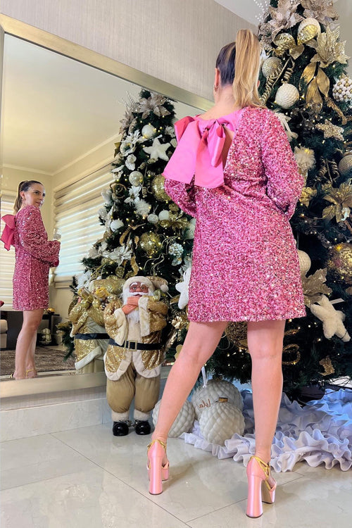 Sequin Long Sleeve Open Back Bow Tie Mini Dress - View 6