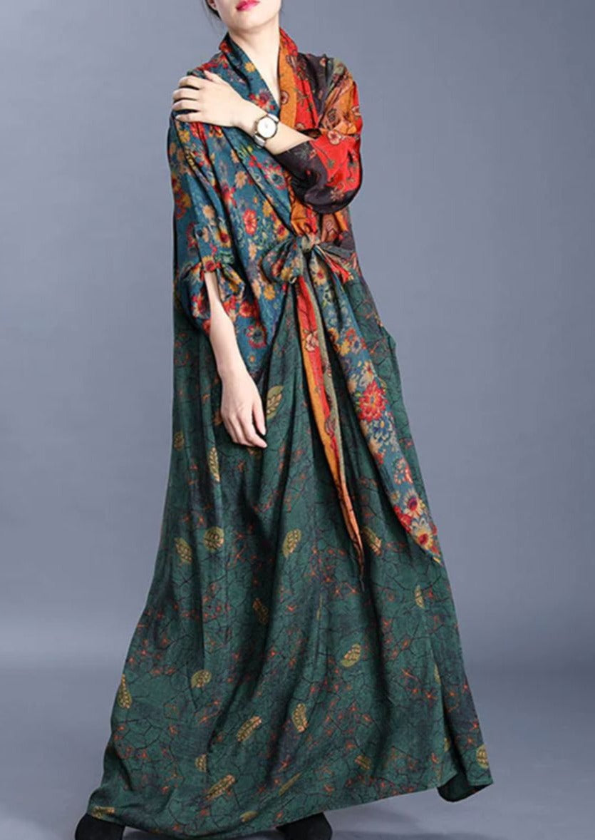 Floral Patchwork V-Neck Knotted Front Long Sleeve Maxi Dress - View 3