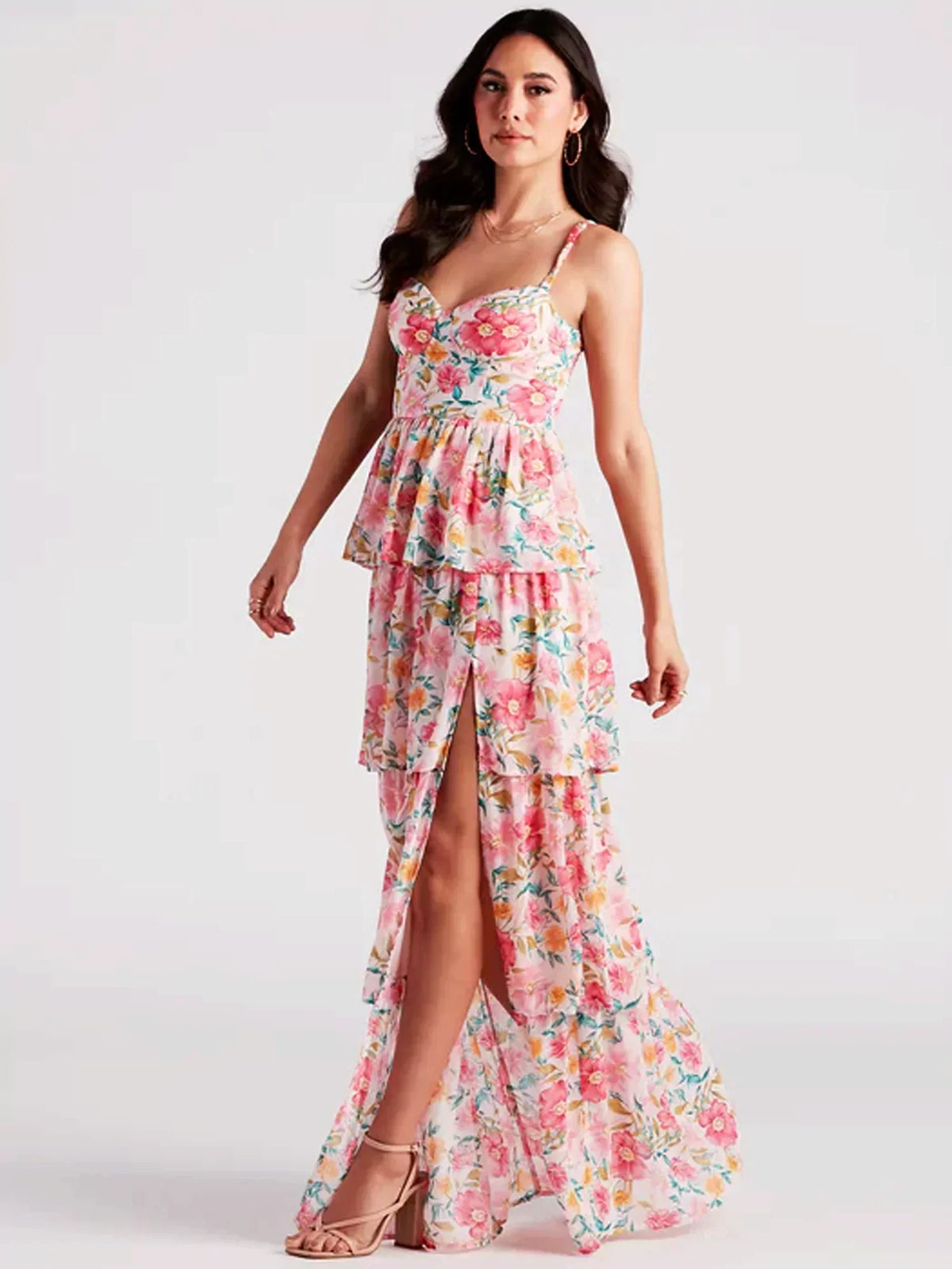 Floral Print Sweetheart Strapless Tiered Ruffle Maxi Gown - View 2