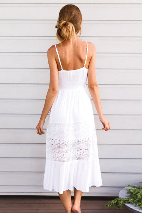 Spaghetti Strap V-Neck Button Front Lace Trim Tiered Ruffle Midi Dress - View 4