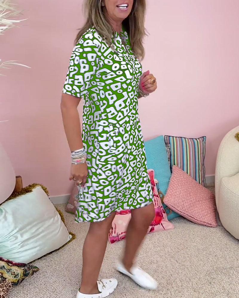 Geometric Print Short Sleeve Pocket Shift Mini Dress 14
