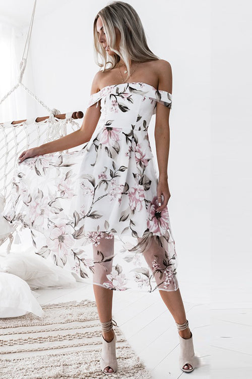 Tulle Floral Embroidered Off Shoulder Midi Dress - View 2