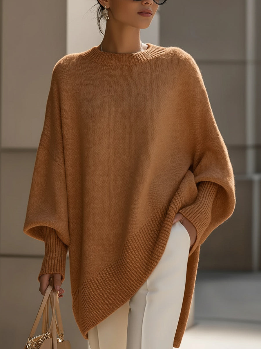 Crew Neck Oversized Asymmetric Hem Poncho Sweater 13