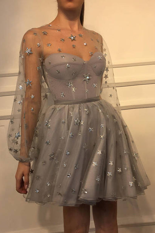 Tulle Star Print Puff Sleeve Mesh Overlay Sweetheart Mini Dress - View 3