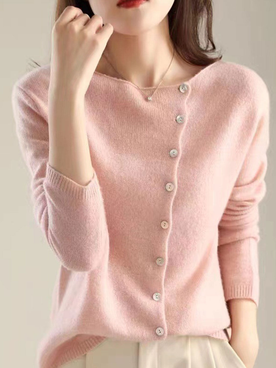 Foldover Collar Button Front Long Sleeve Knit Cardigan 3