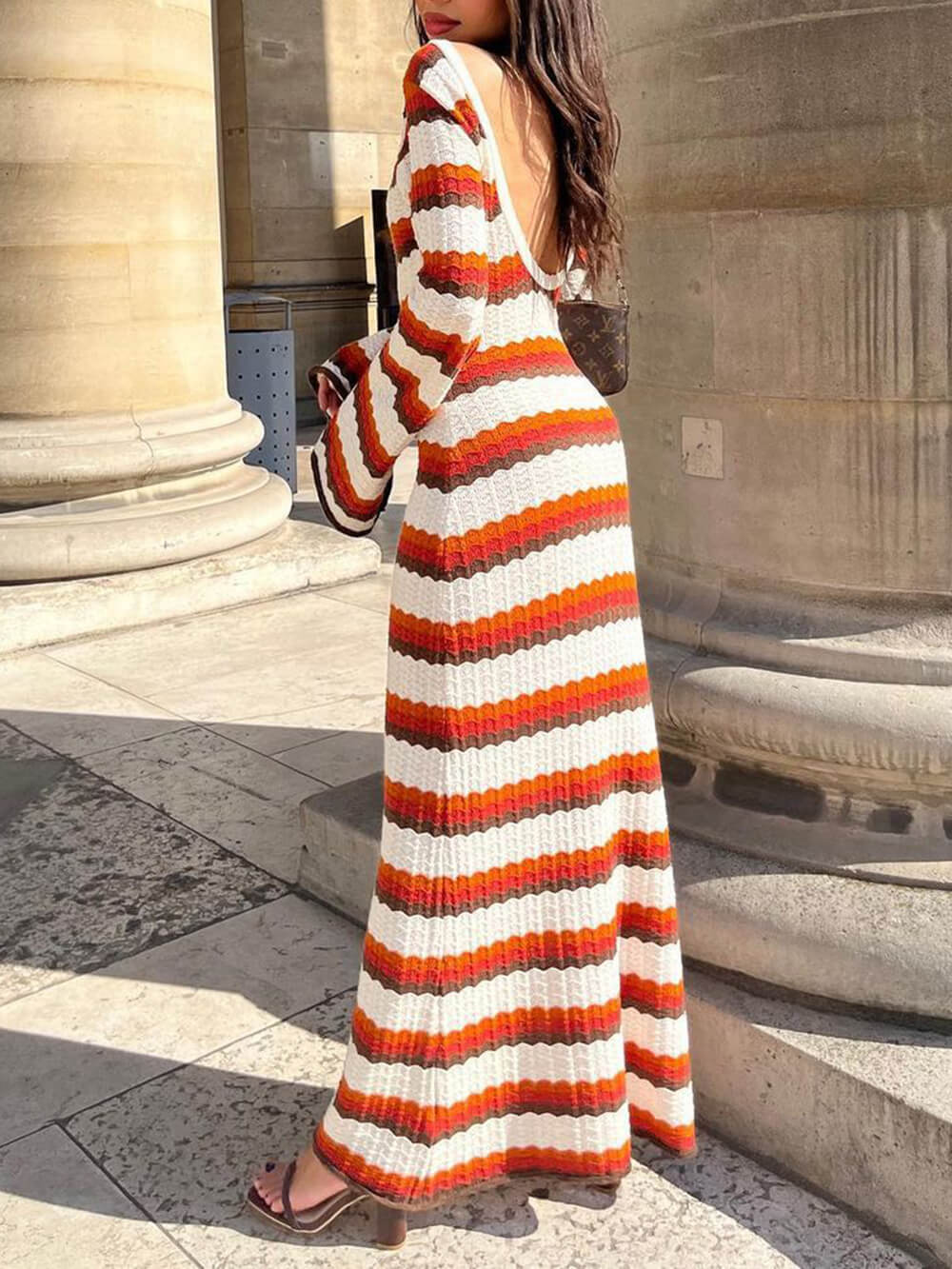 Crochet Zigzag Stripe Long Sleeve Bell Sleeve Maxi Dress - View 2