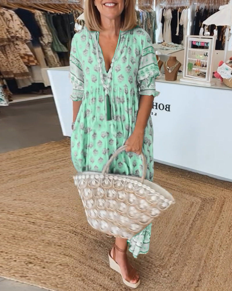 Printed V-Neck Ruffle Short Sleeve Tiered Maxi Dress 6