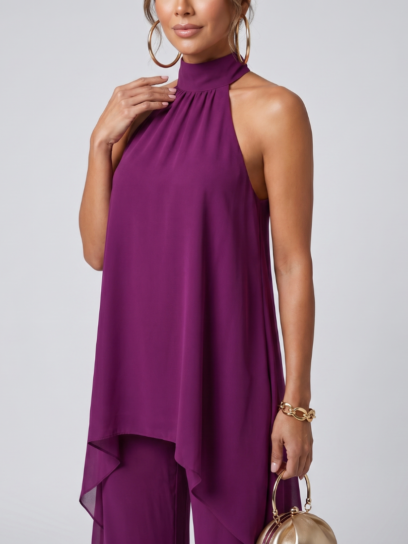 Halter Neck Chiffon Overlay Top and Wide Leg Pants Two Piece Set 2