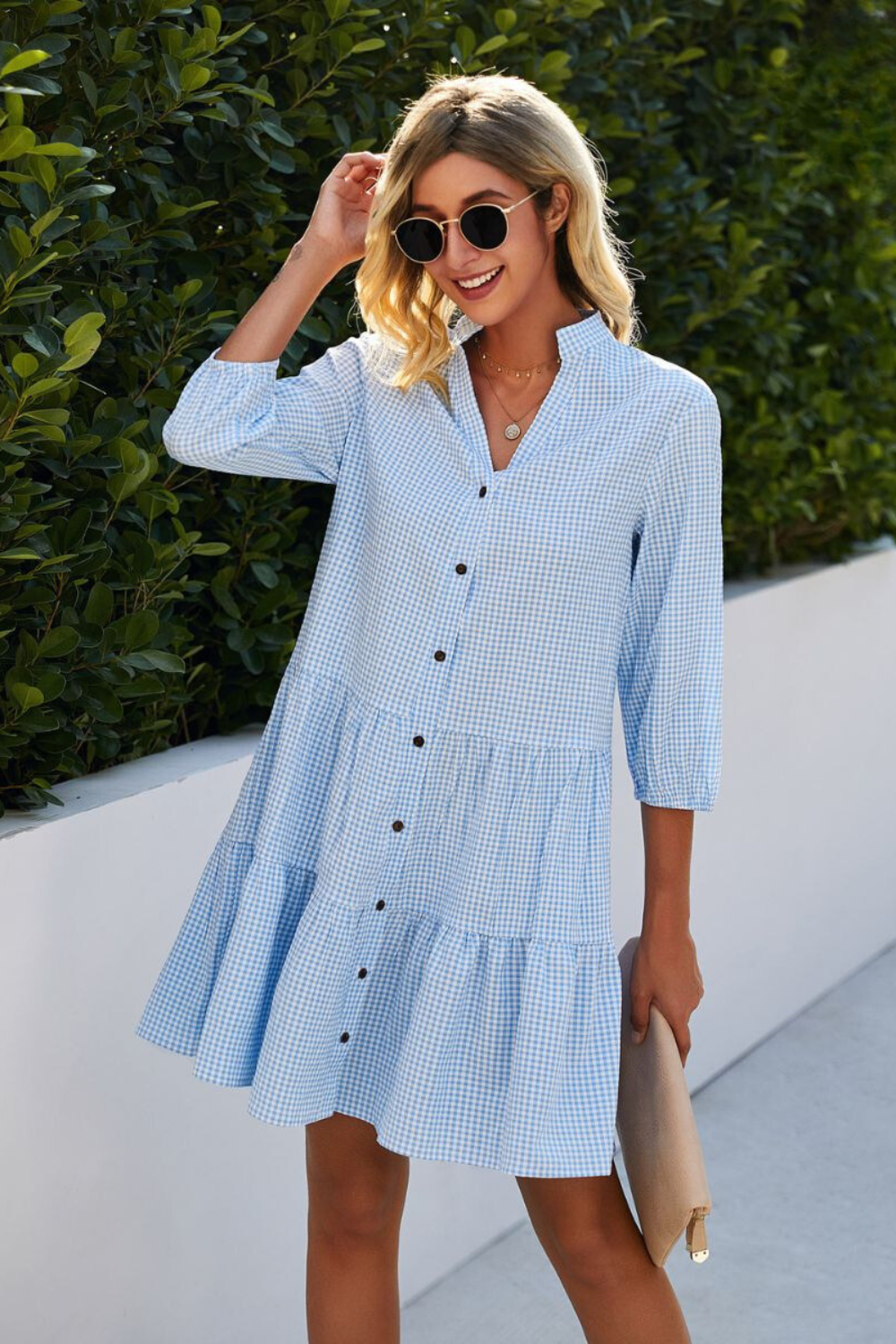 Gingham Check V-Neck Mandarin Collar Button Front Tiered Mini Dress - View 2