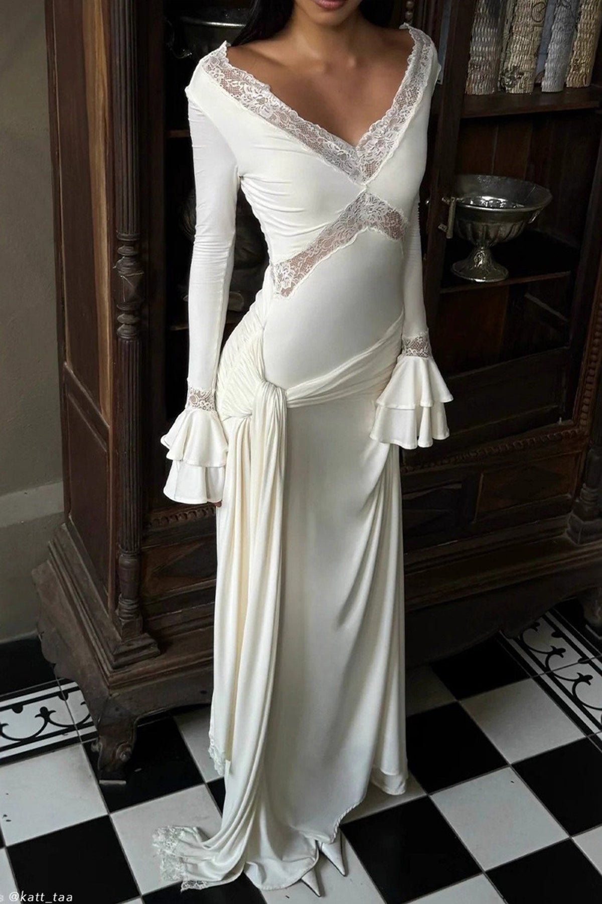 Lace Patchwork Flare Sleeve Tie-up Maxi Dress