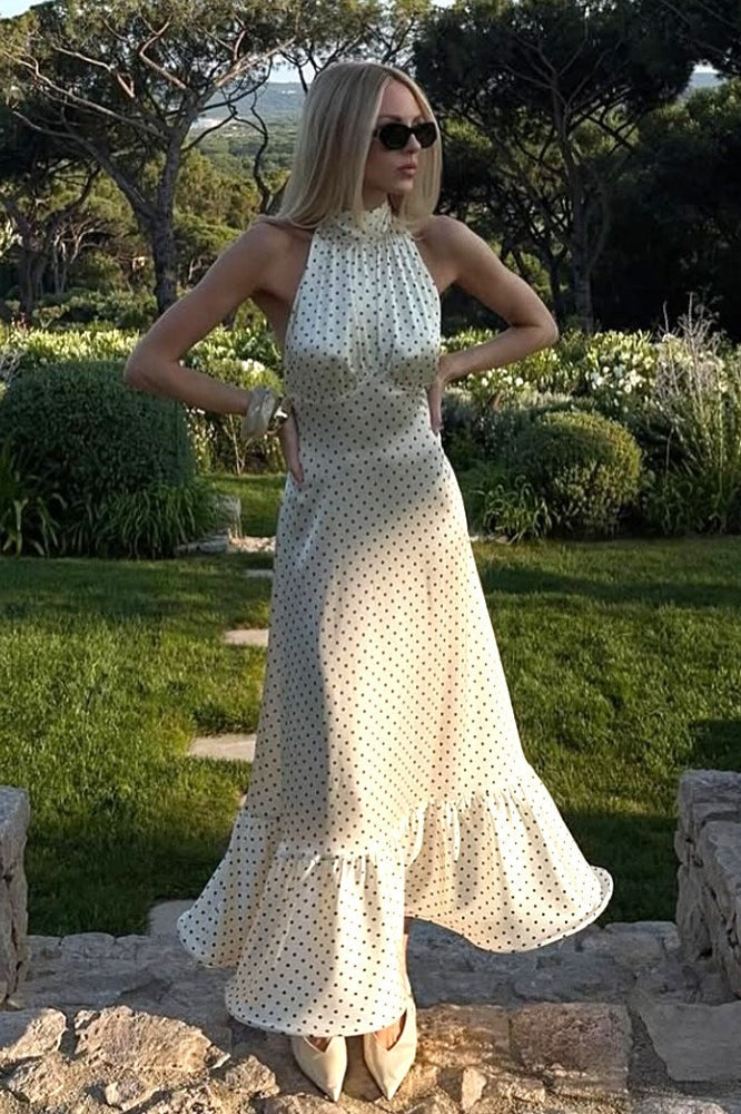 French Style Polka Dot Satin Backless Silk Dress