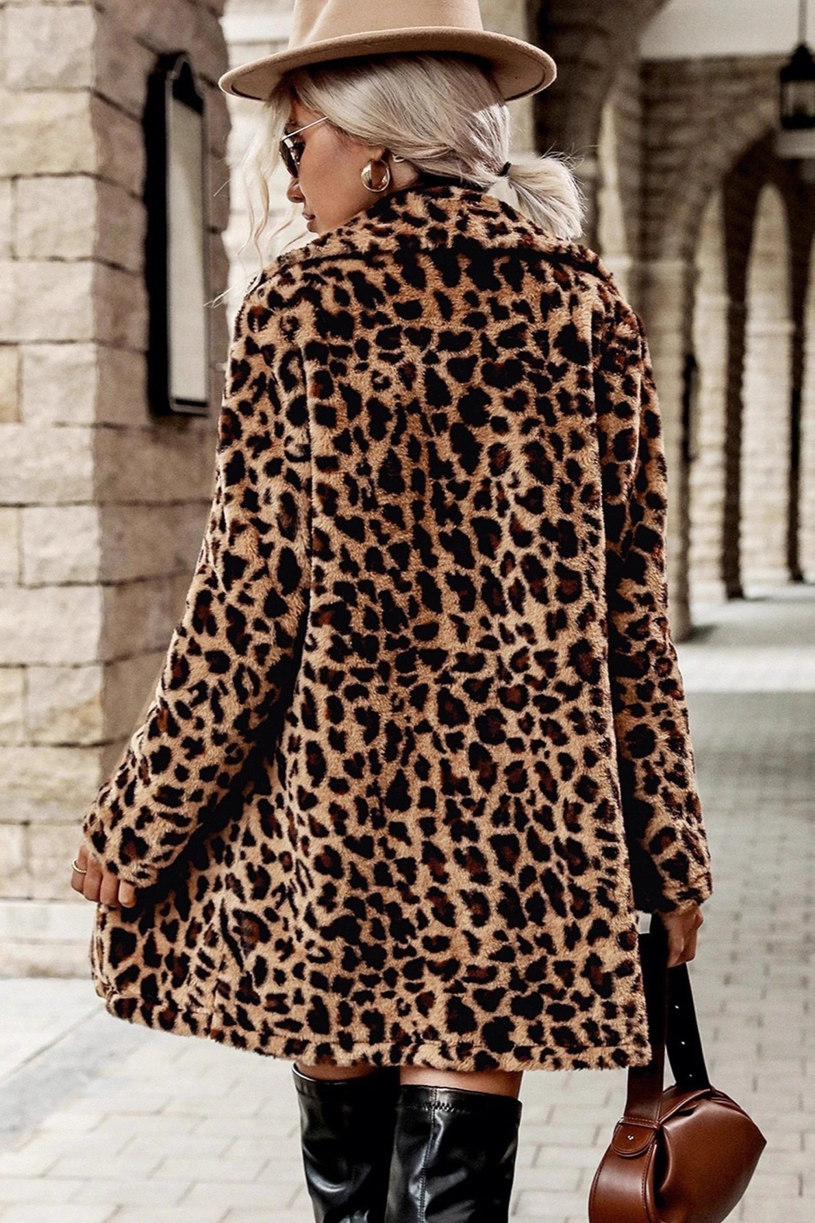 Leopard Print Notch Lapel Plush Overcoat