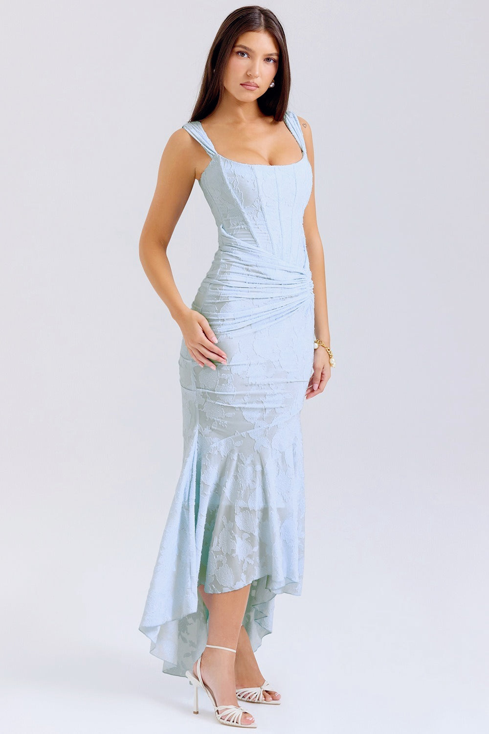 Velvet Square Neck Ruched Waist Lace Midi Dress - View 10