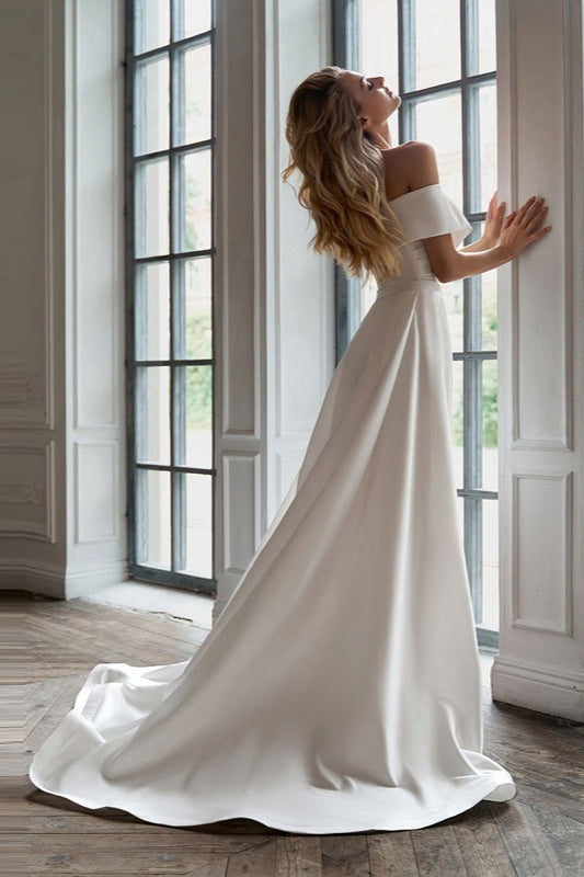 Off Shoulder Satin Mini Dress with Detachable Overskirt Train 3