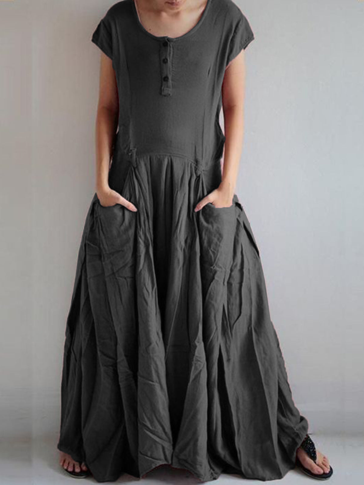 Button Front Cap Sleeve Pleated Pocket Maxi Dress