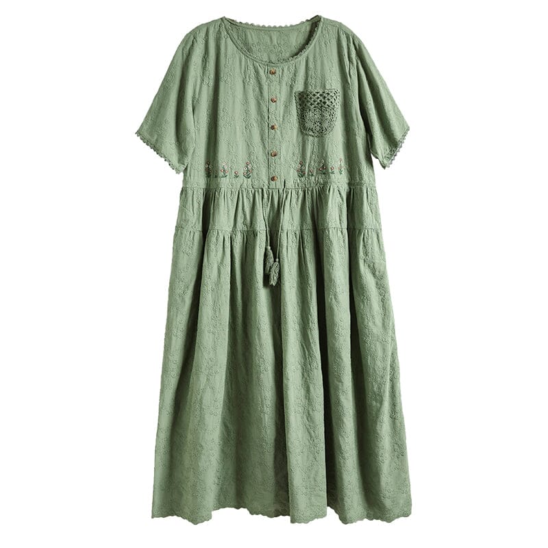 Embroidered Floral Scallop Trim Button Front Midi Dress - View 4