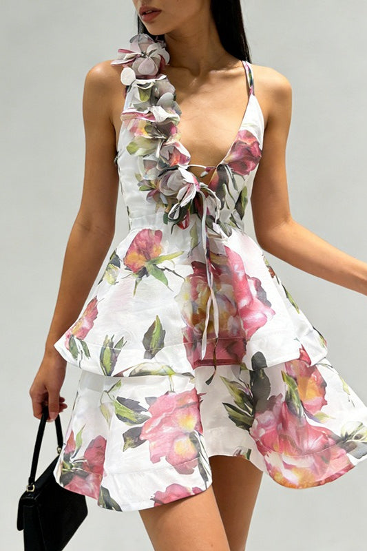 Floral Deep V-Neck Spaghetti Strap Tiered Ruffle Corset Mini Dress - View 5
