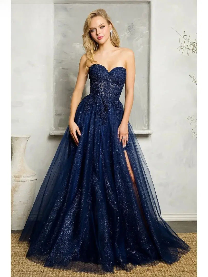 Lace Strapless Sweetheart High Split Tulle A-Line Gown - View 7
