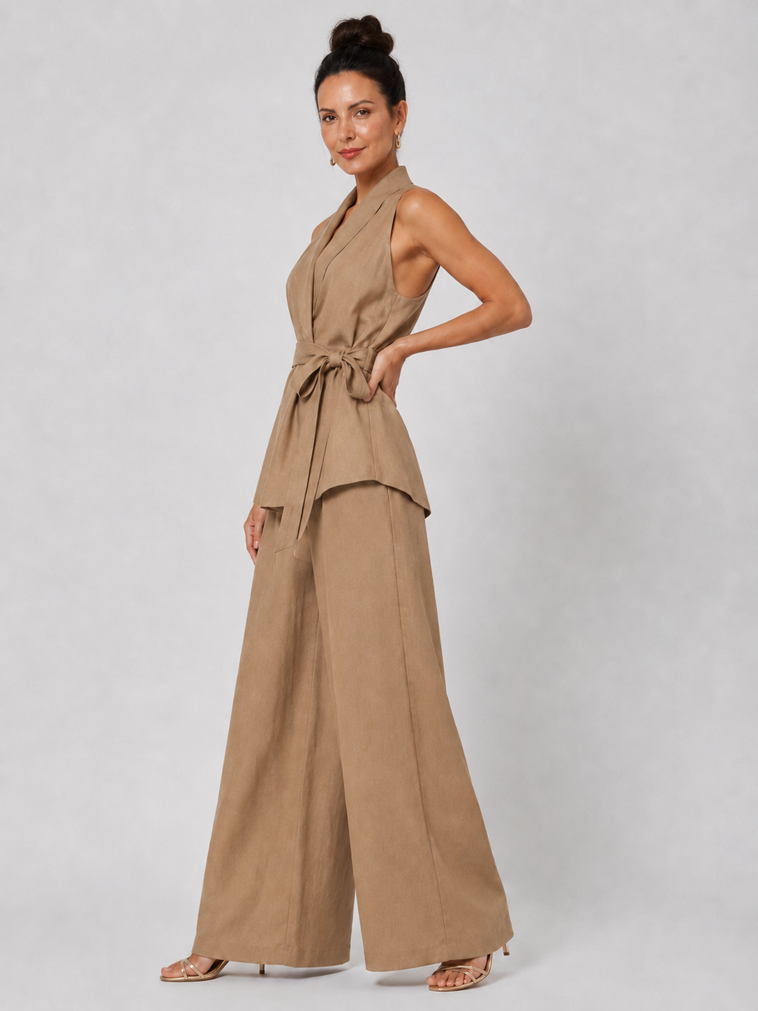 Sleeveless Shawl Collar Wrap Top and Wide Leg Pants Two Piece Set 7