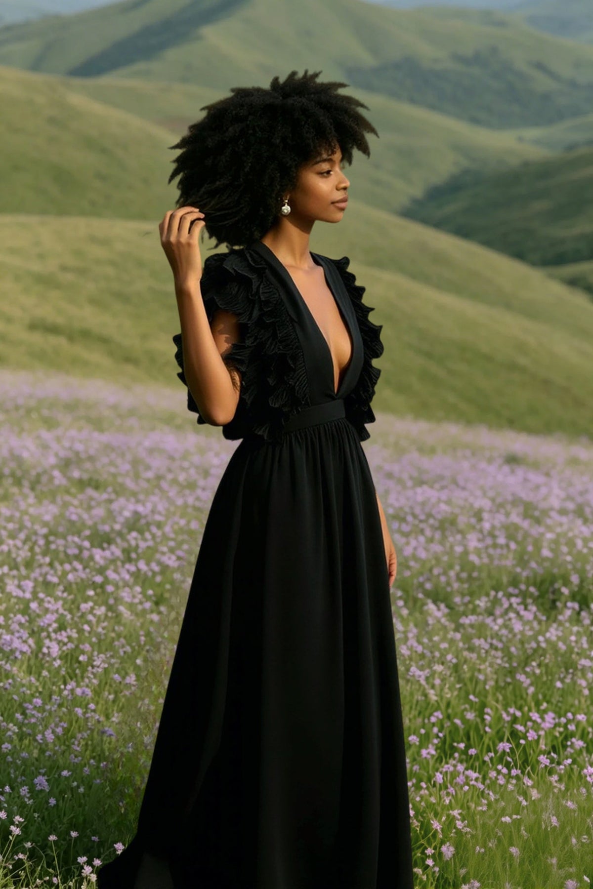 Deep V-Neck Ruffle Sleeve Pleated A-Line Maxi Dress 5